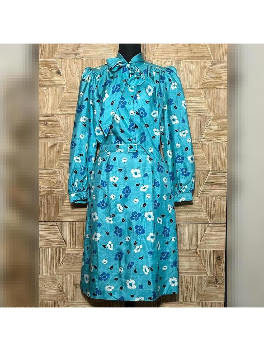 Women's Vintage Blue Floral Long Sleeve 2 Piece Set Size S/M 80s Fashion Retro
